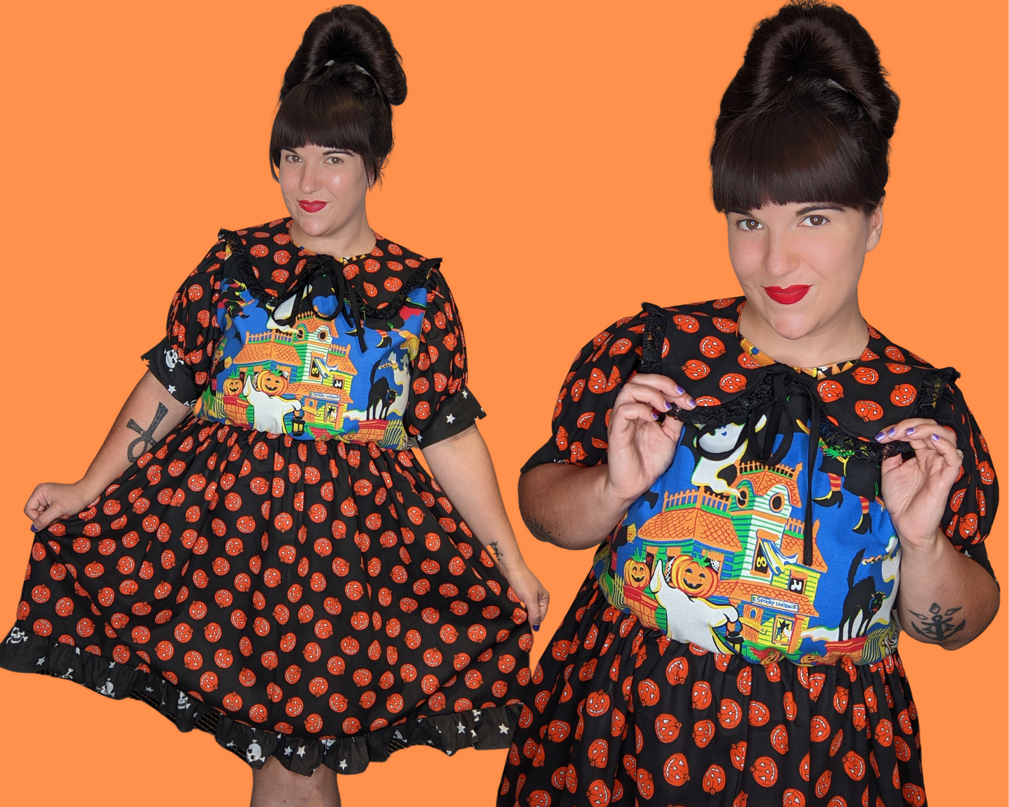 Robe sur le thème d'Halloween recyclée à la main avec col de marin citrouille assorti Taille L/XL