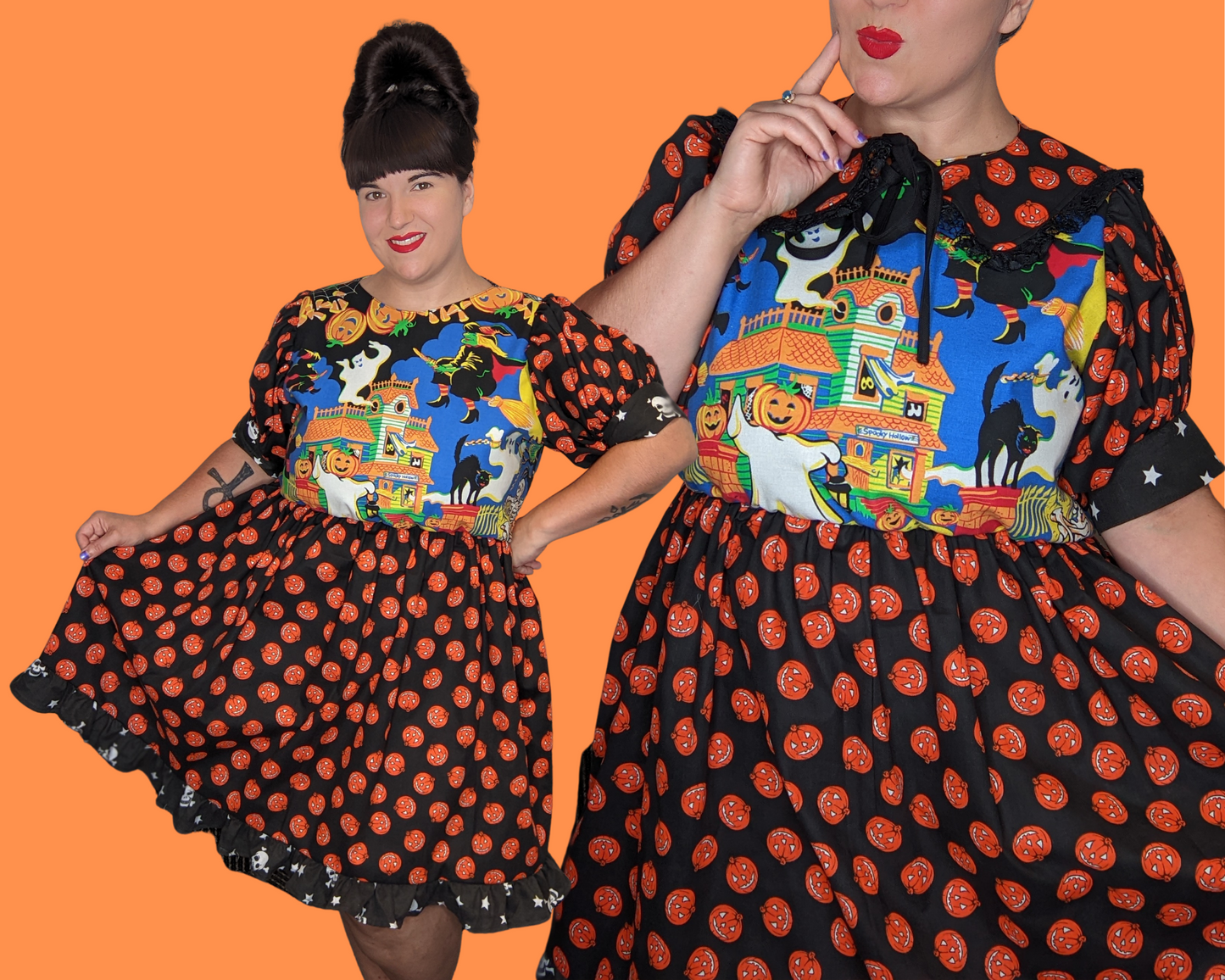Robe sur le thème d'Halloween recyclée à la main avec col de marin citrouille assorti Taille L/XL