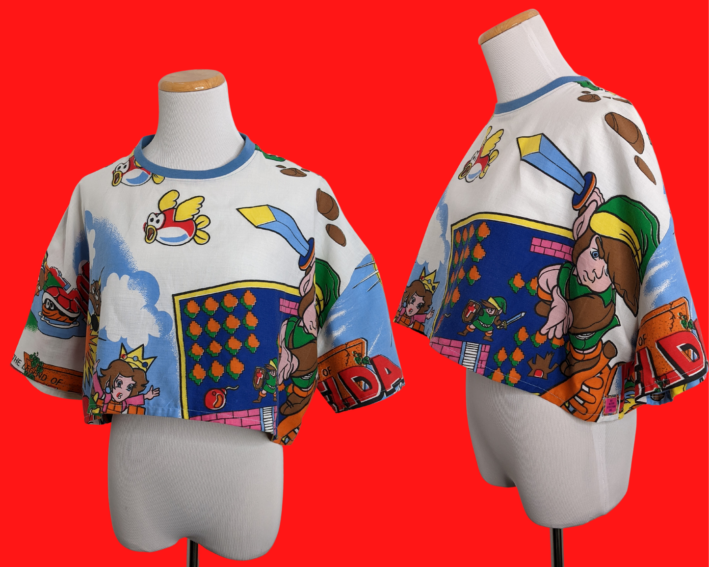 Handmade, Upcycled Nintendo 1988, Super Mario Bros and Zelda Bedsheet Crop Top Size XL