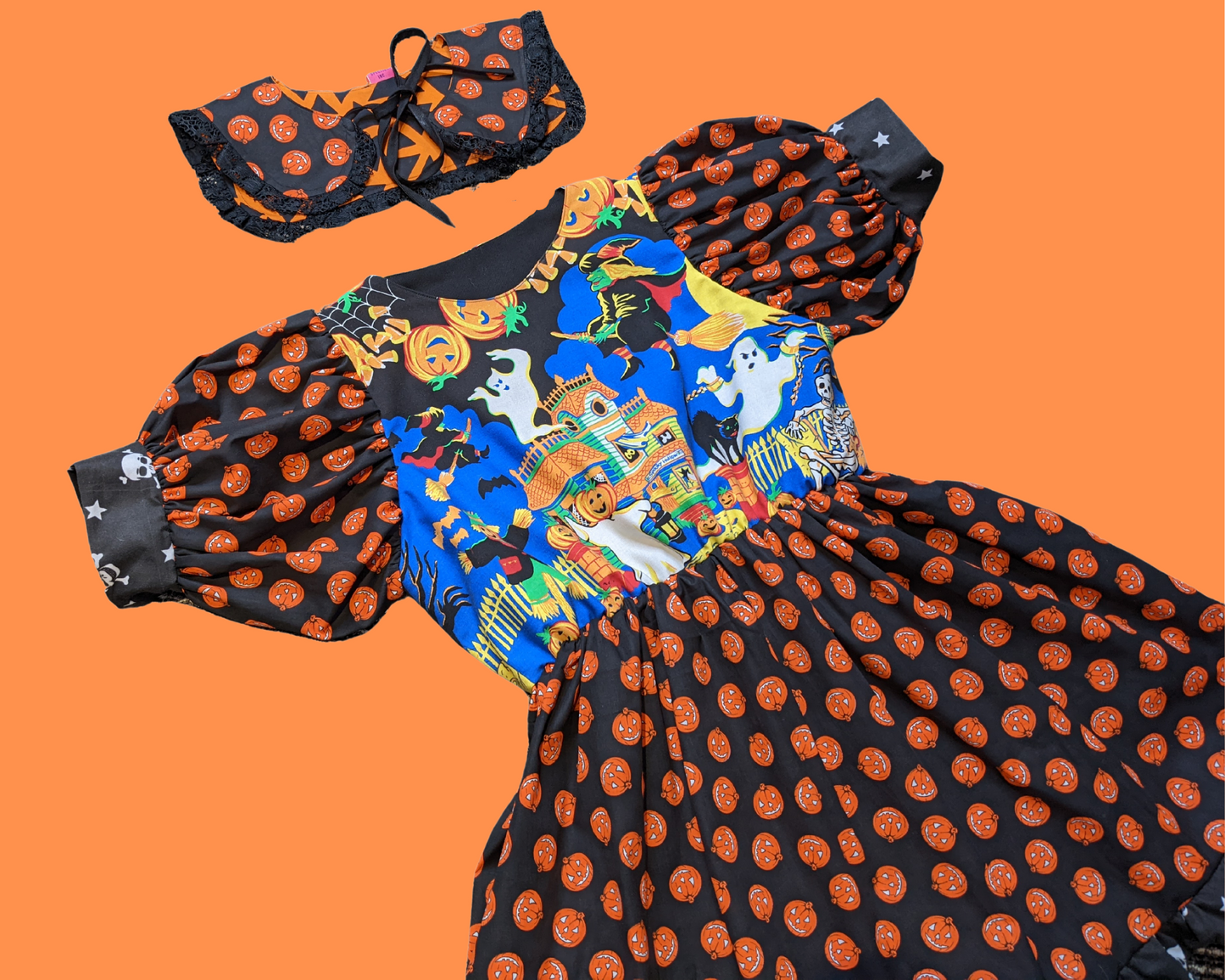 Robe sur le thème d'Halloween recyclée à la main avec col de marin citrouille assorti Taille L/XL