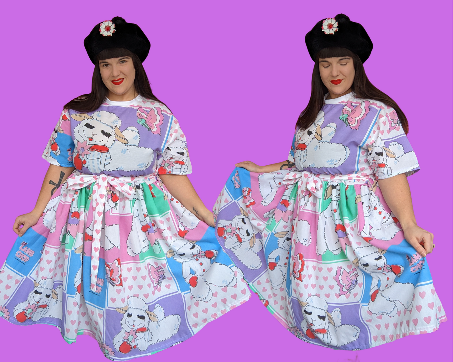 Handmade, Upcycled Vintage RARE 1993 Lamb Chop Bedsheet T-Shirt Dress Fits S-M-L-XL