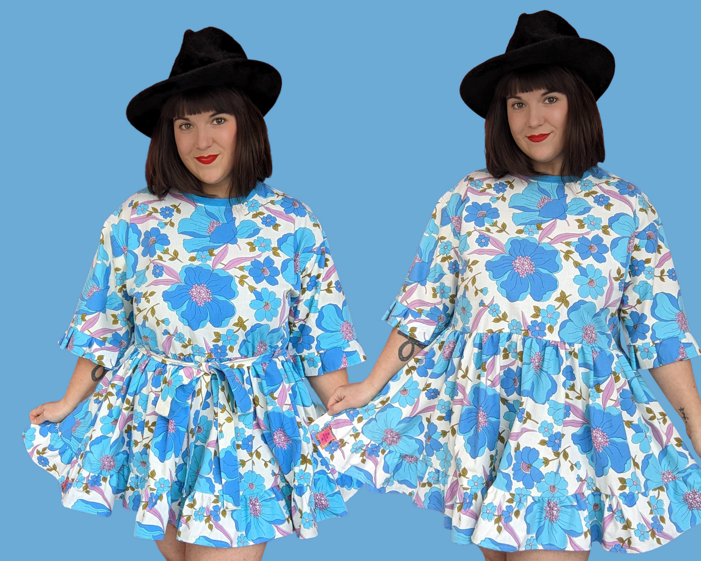 Fait à la main, Upcycled Vintage 1960's Blue and Purple Floral Bedsheet Mini T-Shirt Dress Fits SML-XL