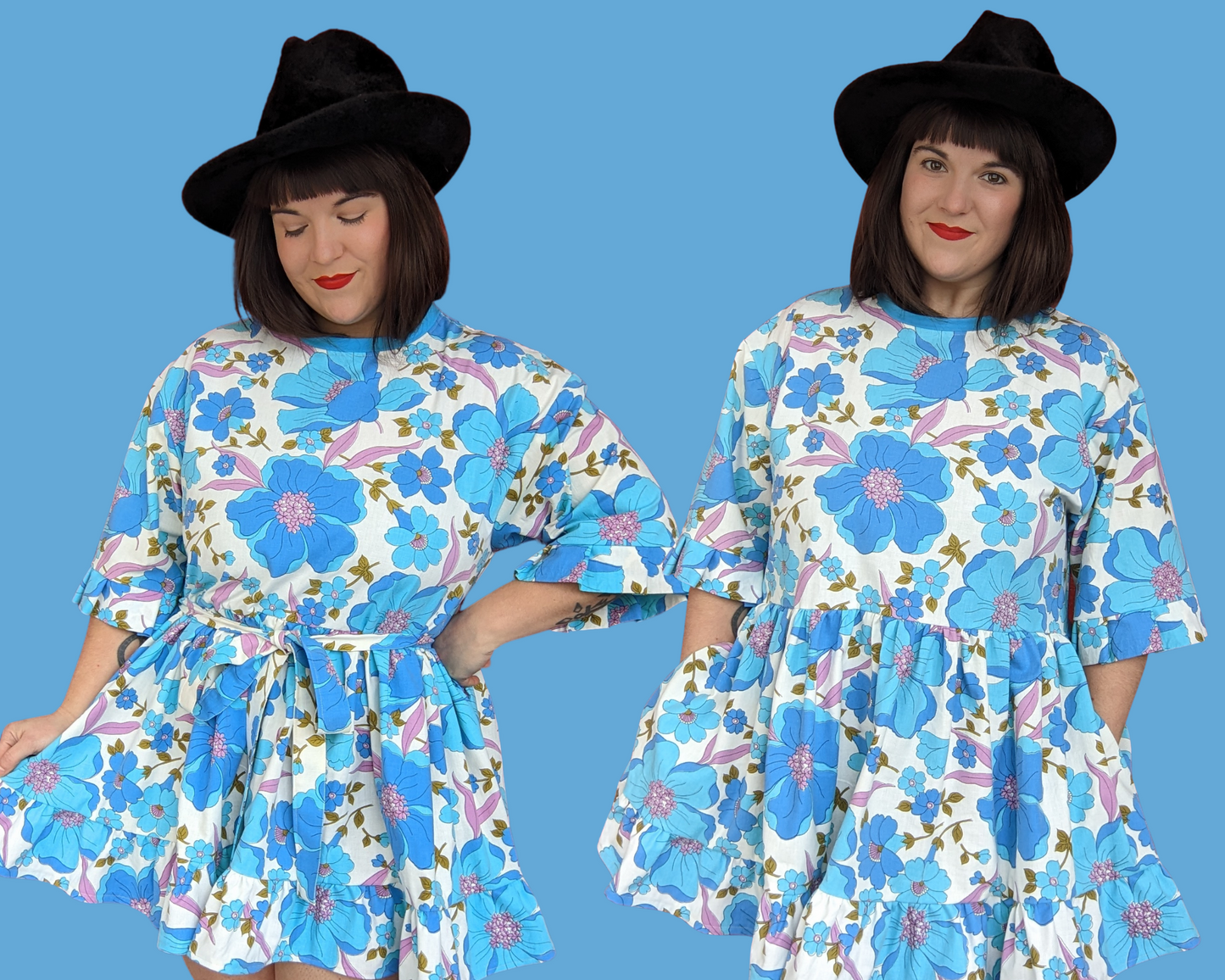 Fait à la main, Upcycled Vintage 1960's Blue and Purple Floral Bedsheet Mini T-Shirt Dress Fits SML-XL