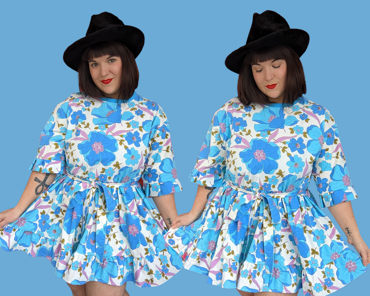 Fait à la main, Upcycled Vintage 1960's Blue and Purple Floral Bedsheet Mini T-Shirt Dress Fits SML-XL