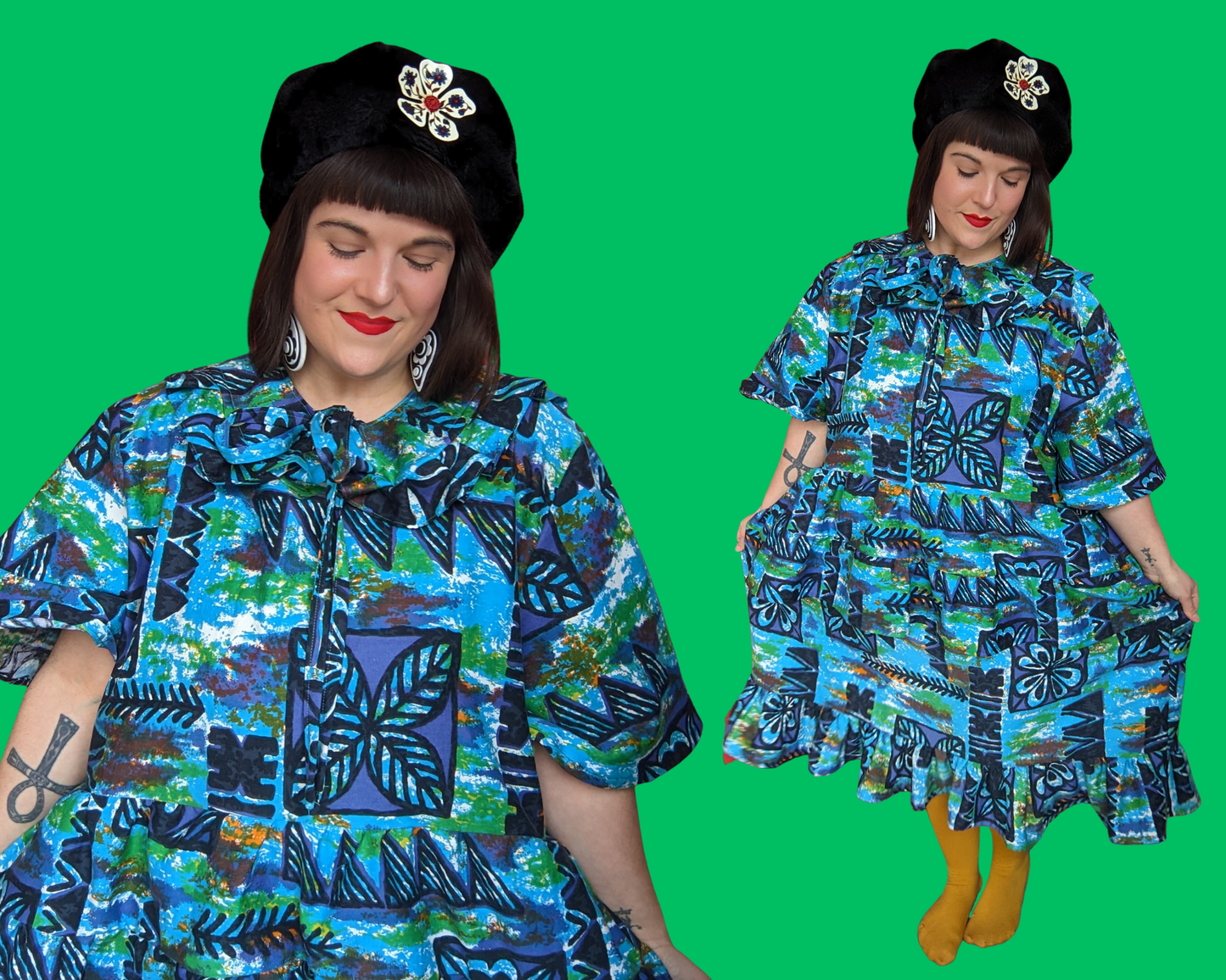 Handmade, Upcycled Vintage 1960's Green, Blue, Hawaiian Style Fabric Dress with Matching Detachable Collar Size 3XL