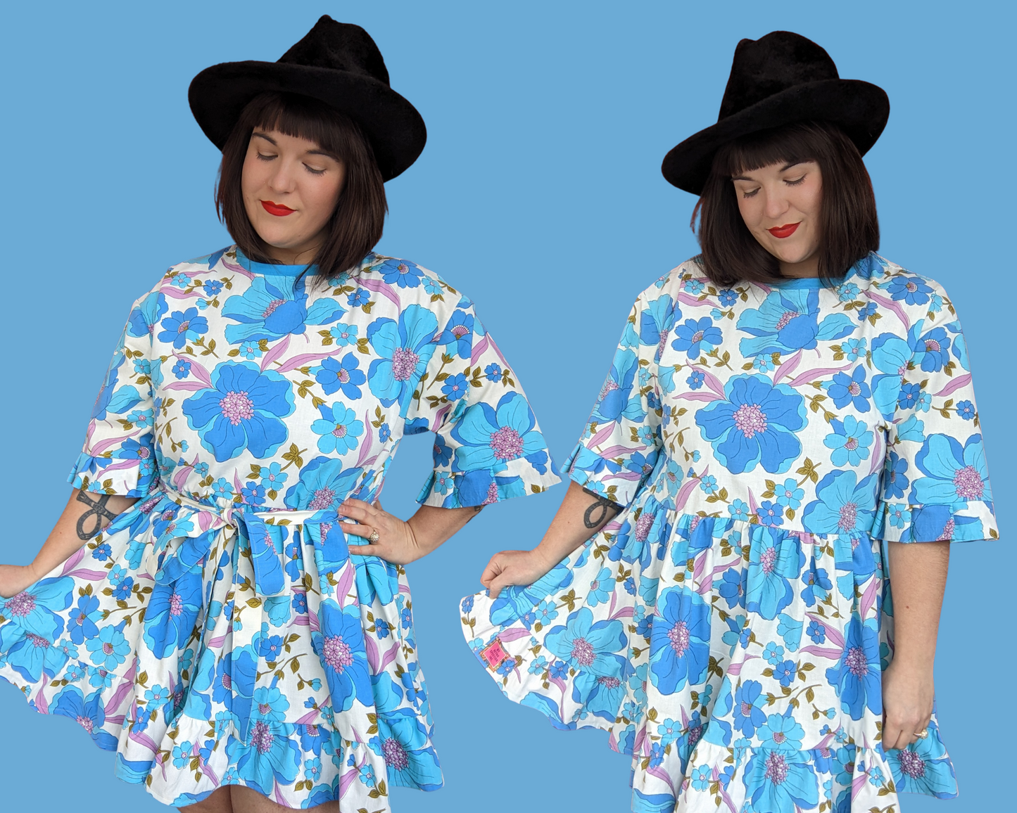 Fait à la main, Upcycled Vintage 1960's Blue and Purple Floral Bedsheet Mini T-Shirt Dress Fits SML-XL