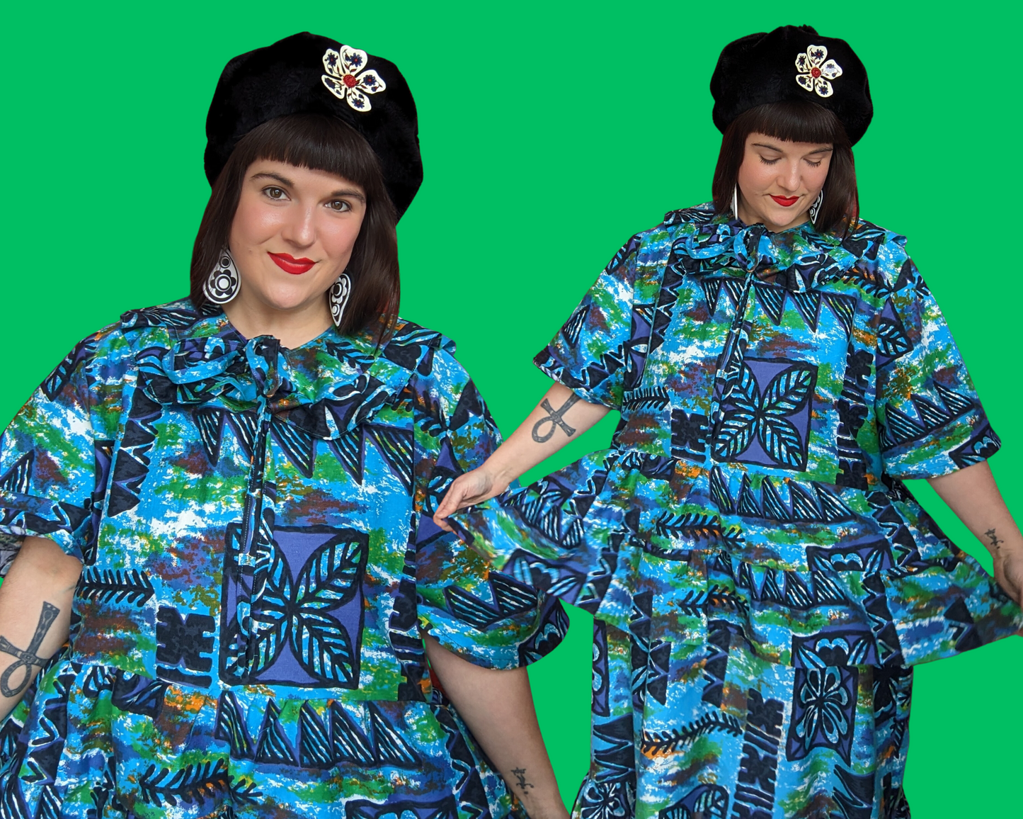 Handmade, Upcycled Vintage 1960's Green, Blue, Hawaiian Style Fabric Dress with Matching Detachable Collar Size 3XL