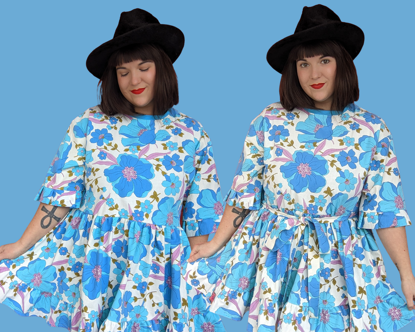 Fait à la main, Upcycled Vintage 1960's Blue and Purple Floral Bedsheet Mini T-Shirt Dress Fits SML-XL