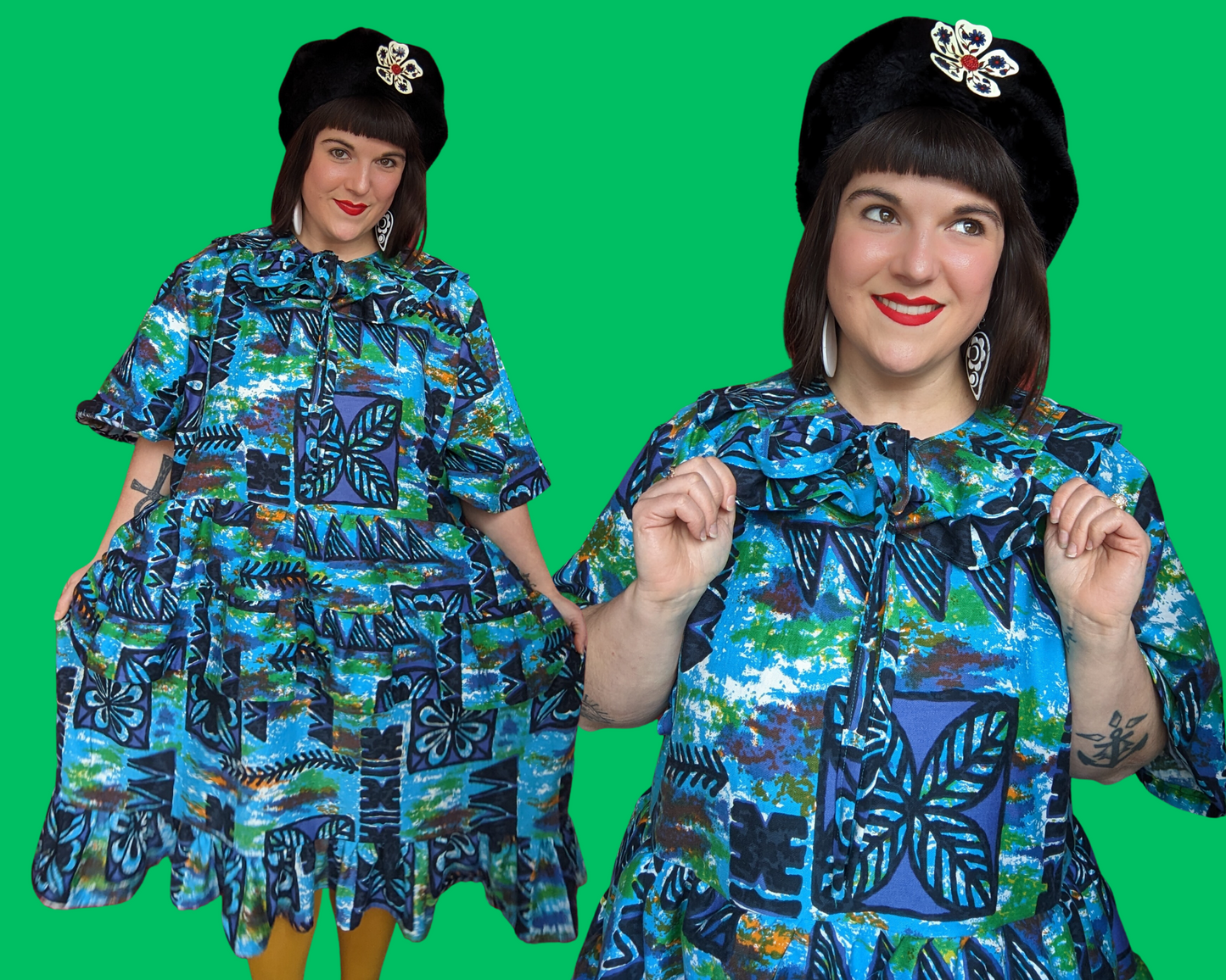 Handmade, Upcycled Vintage 1960's Green, Blue, Hawaiian Style Fabric Dress with Matching Detachable Collar Size 3XL