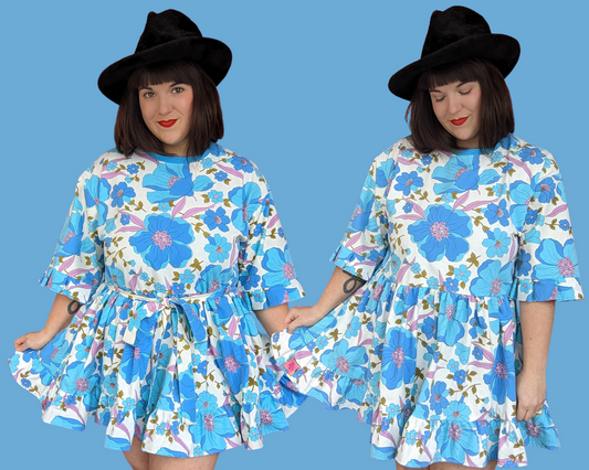 Fait à la main, Upcycled Vintage 1960's Blue and Purple Floral Bedsheet Mini T-Shirt Dress Fits SML-XL
