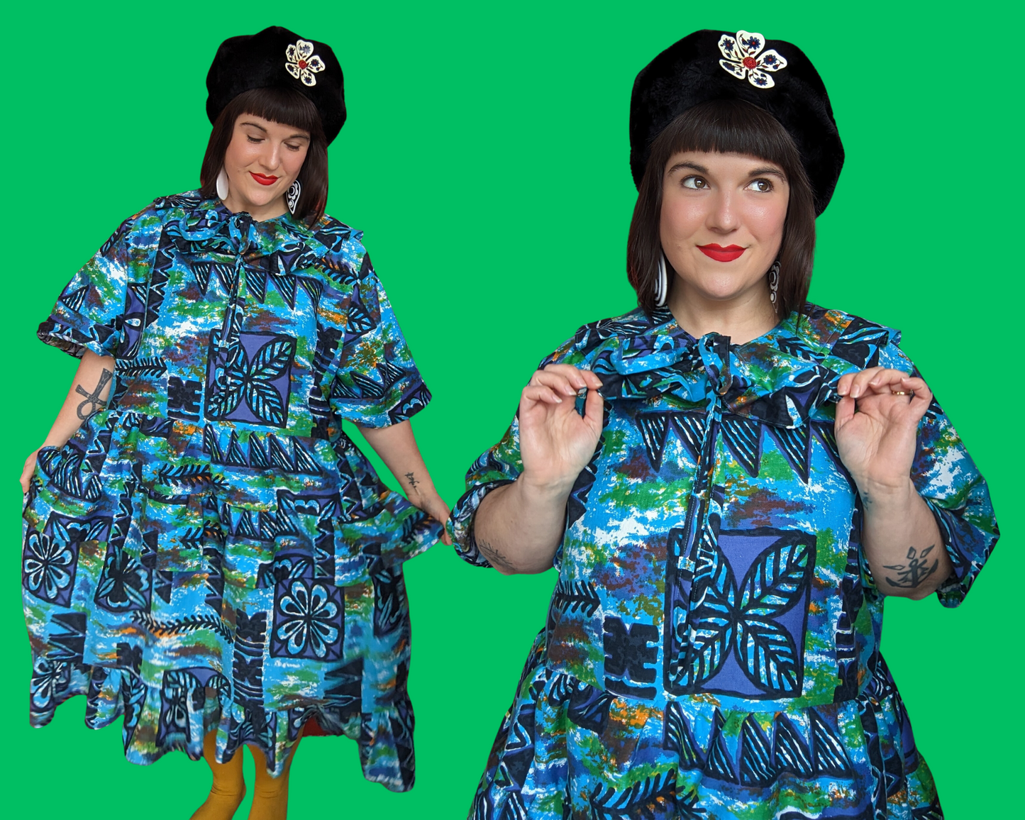 Handmade, Upcycled Vintage 1960's Green, Blue, Hawaiian Style Fabric Dress with Matching Detachable Collar Size 3XL