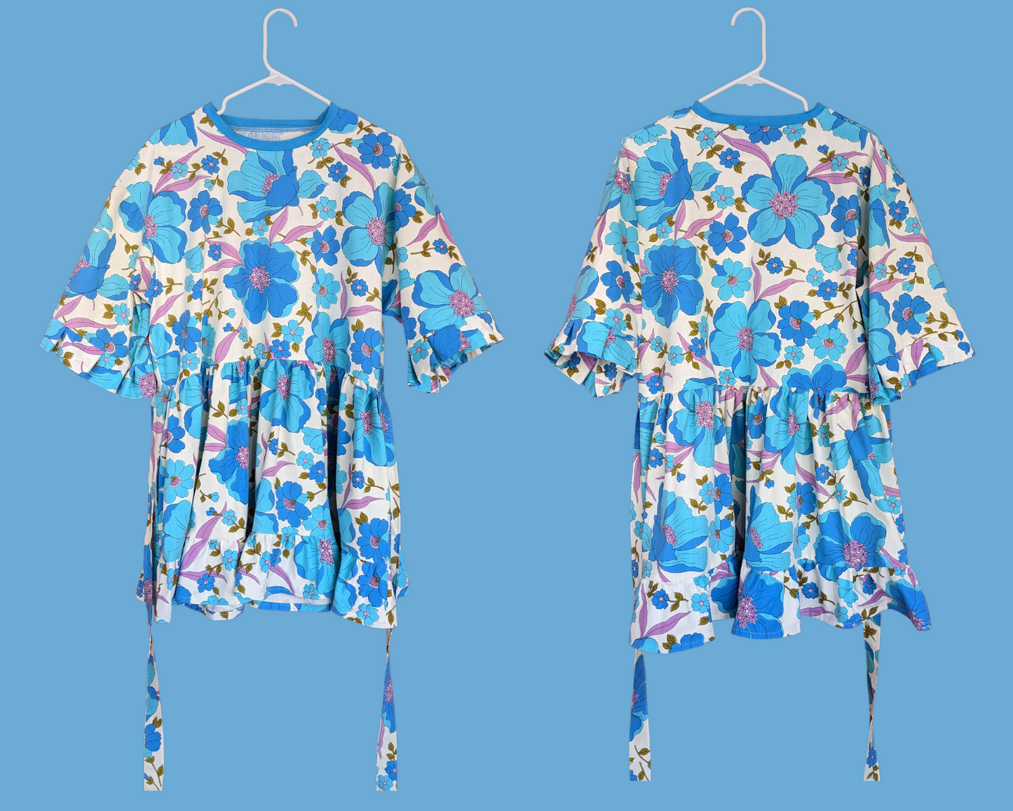 Fait à la main, Upcycled Vintage 1960's Blue and Purple Floral Bedsheet Mini T-Shirt Dress Fits SML-XL