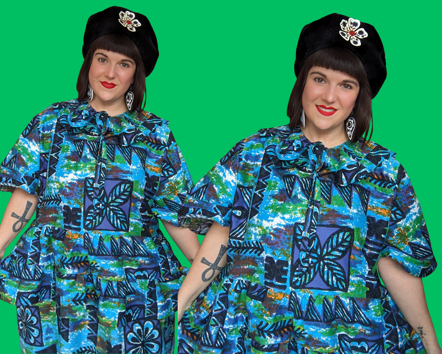 Handmade, Upcycled Vintage 1960's Green, Blue, Hawaiian Style Fabric Dress with Matching Detachable Collar Size 3XL