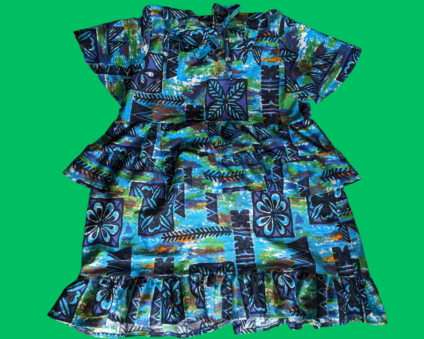 Handmade, Upcycled Vintage 1960's Green, Blue, Hawaiian Style Fabric Dress with Matching Detachable Collar Size 3XL