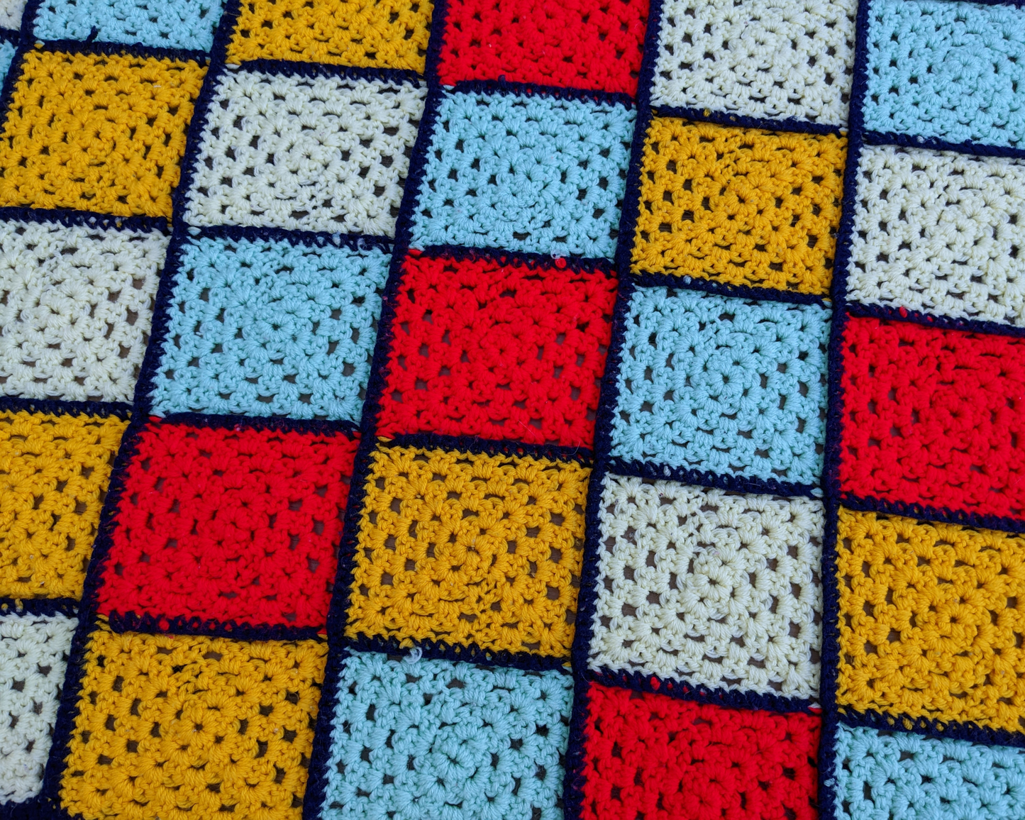 Vintage 1970's Yellow, Bleu, Turquoise and Yellow Wool Crochet Blanket