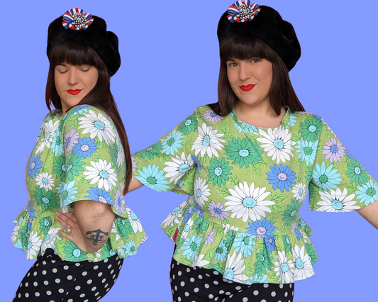 Handmade, Upcycled Vintage 1960's Blue and Green Floral Mod, Groovy Blouse Size L