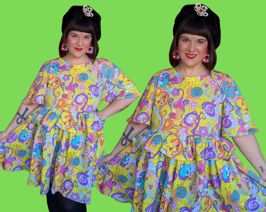 Handmade, Upcycled Vintage Inspired Psychedelic, Mushrooms and Snails Print Dress Size XL