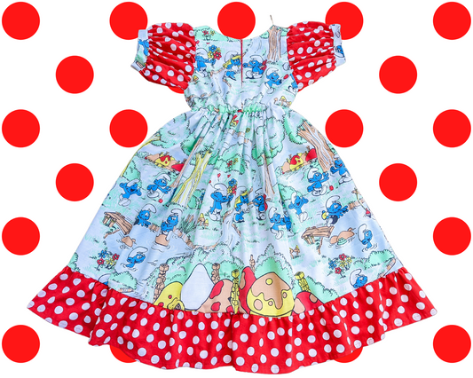 Fait à la main, robe de drap de lit Schtroumpfs recyclée avec tissu à pois rouge et blanc, manches courtes bouffantes taille S/M