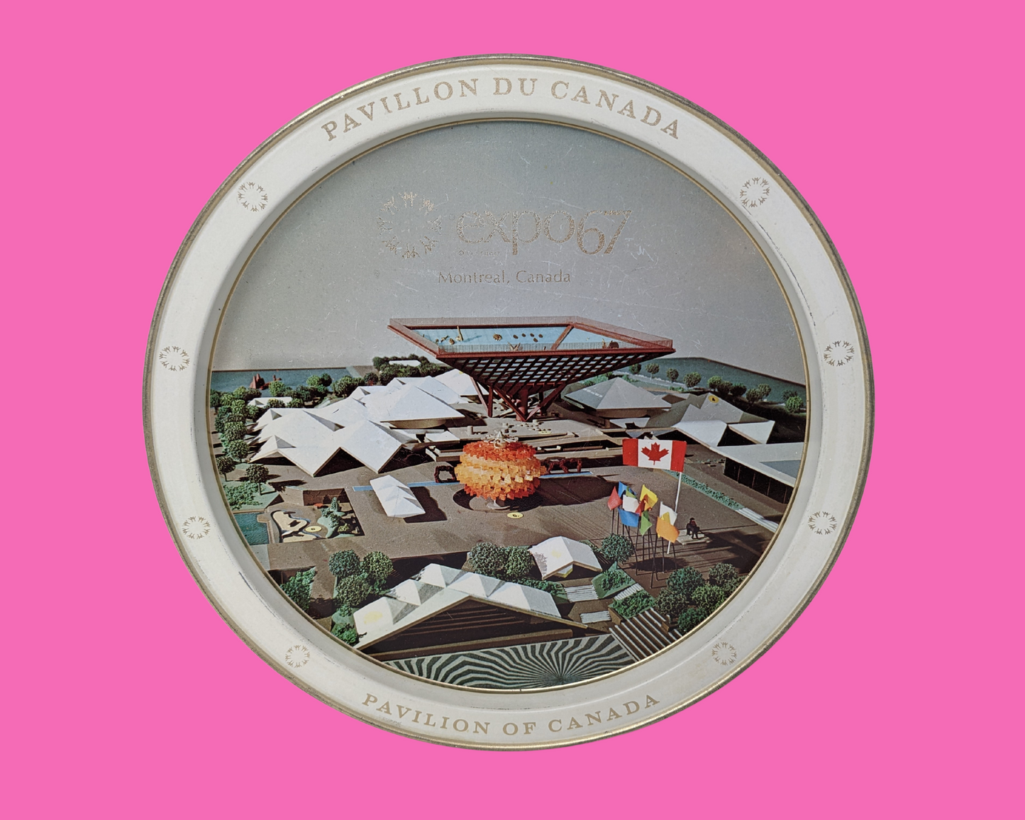 Vintage 1967 Decorative Metal Tray of Montreal's Expo 67 Pavilion of Canada