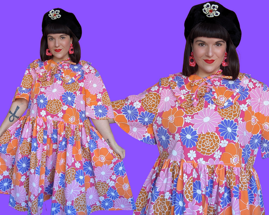Handmade, Upcycled Vintage 1960's Pink, Purple and Orange Floral Bedsheet Dress with Matching Detachable Collar Size 3XL