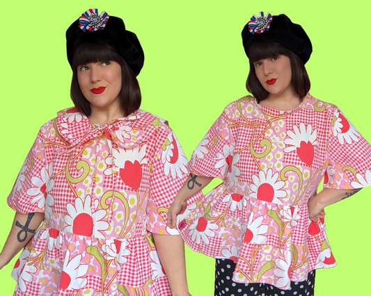 Handmade, Upcycled Vintage 1960's Daisies Pink Patterned Blouse with Matching Detachable Collar Size 2XL