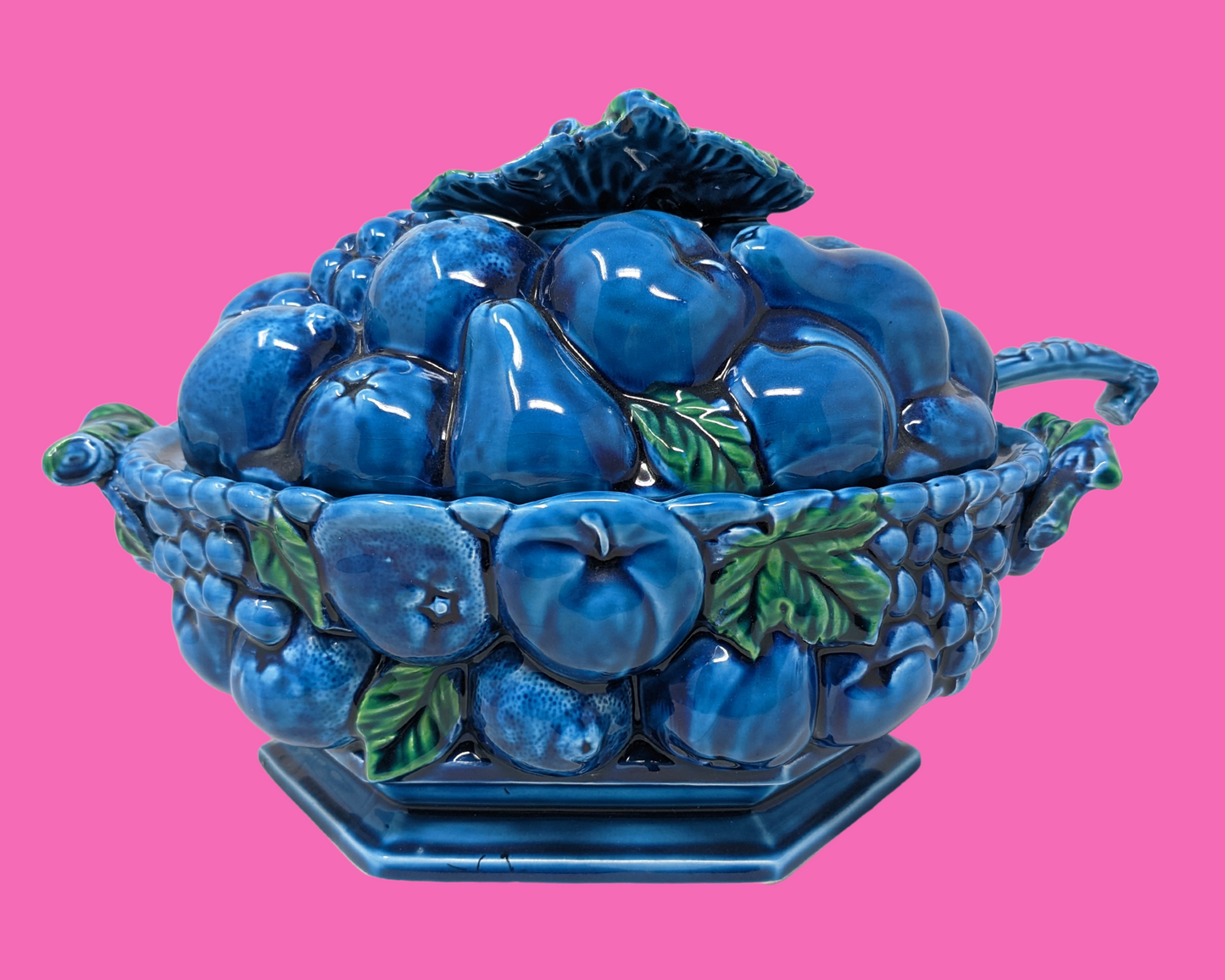 Vintage 1970's Inarco Japon Fruits, Bleu et Vert, Récipient à Soupe avec Couvercle et Louche
