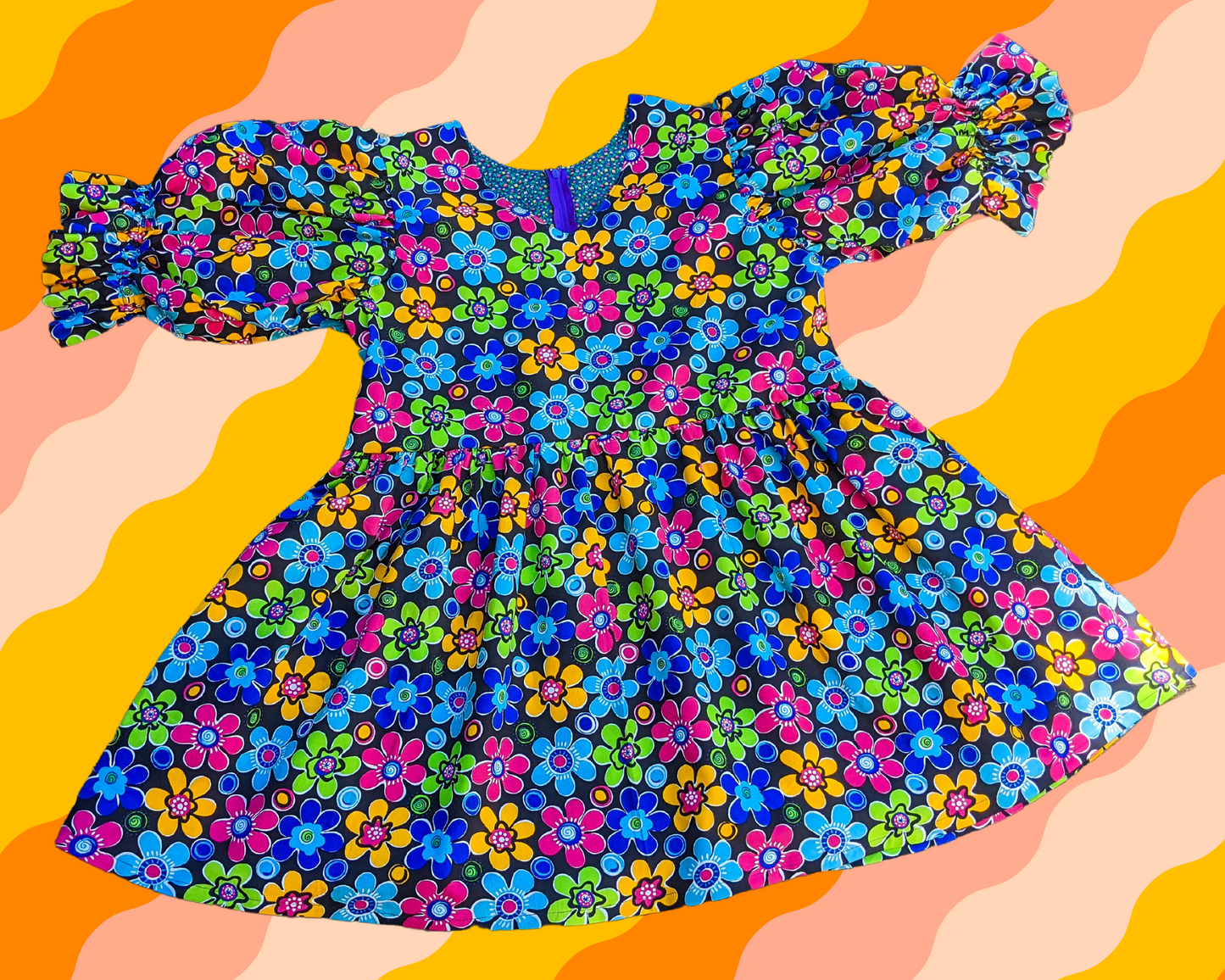 Handmade, Upcycled Vintage 1990's Colourful Flower Power, Groovy Patterned Fabric Dress with Mid-Length Puffy Sleeves, Size L/XL