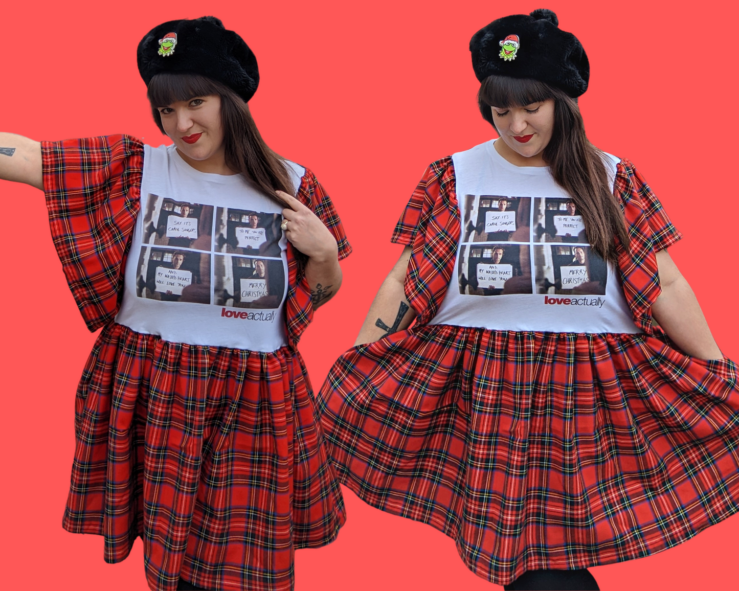 Handmade, Upcycled Love Actually, Red Plaid Fabric, T-Shirt Dress Size L