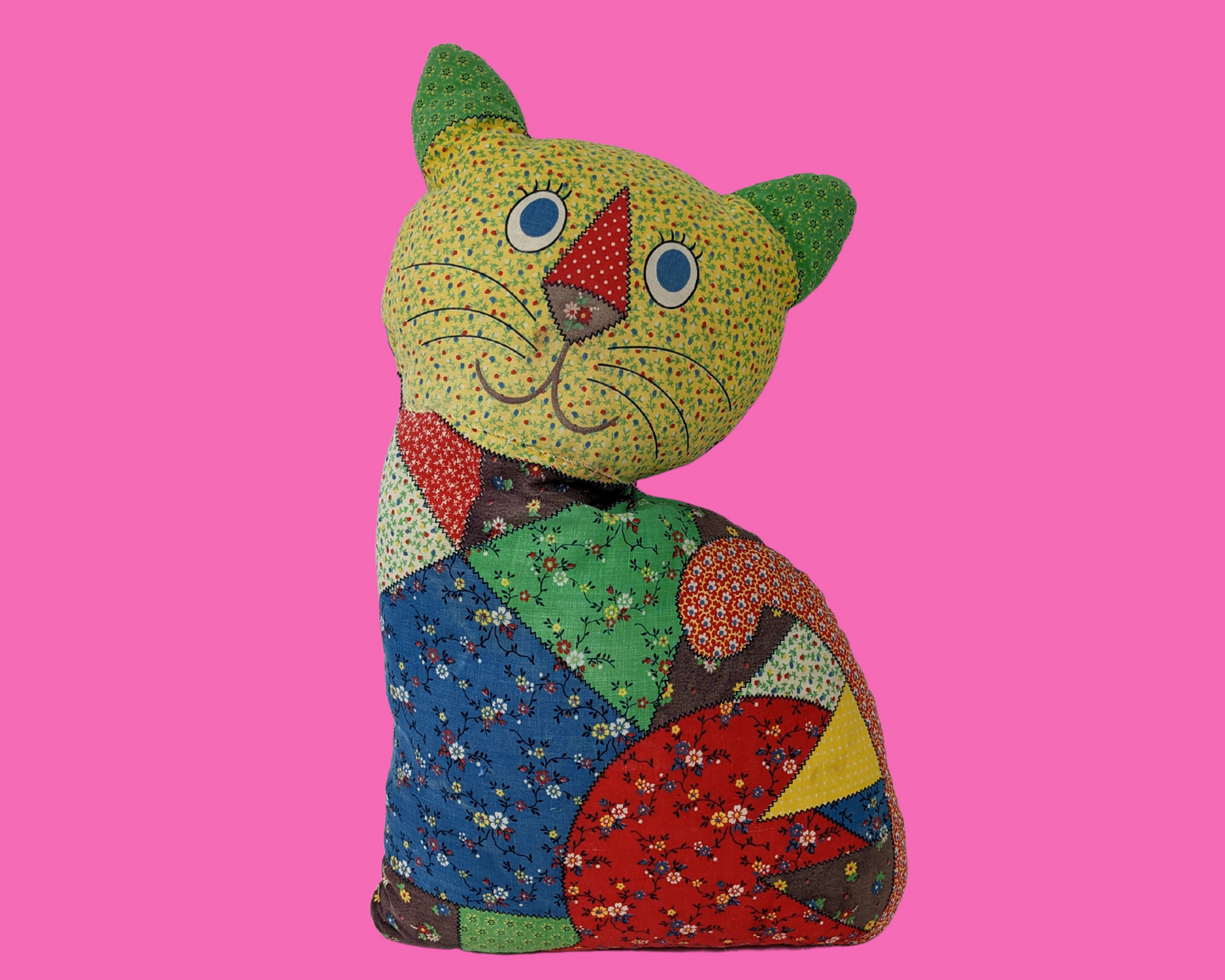 Coussin décoratif chat patchwork en peluche vintage des années 1970