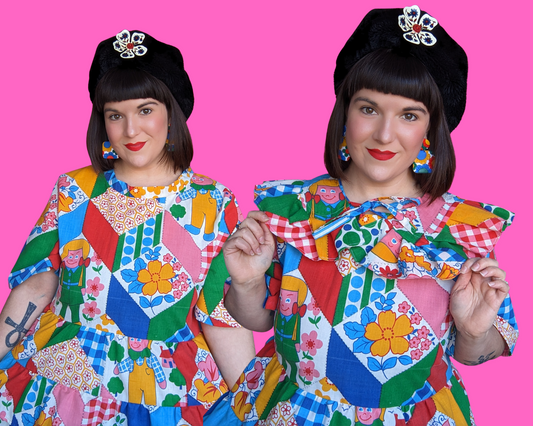 Handmade, Upcycled Vintage 1960's Colorful, Patchwork and Dolls Print Curtain Dress with Matching Detachable Collar Size XL