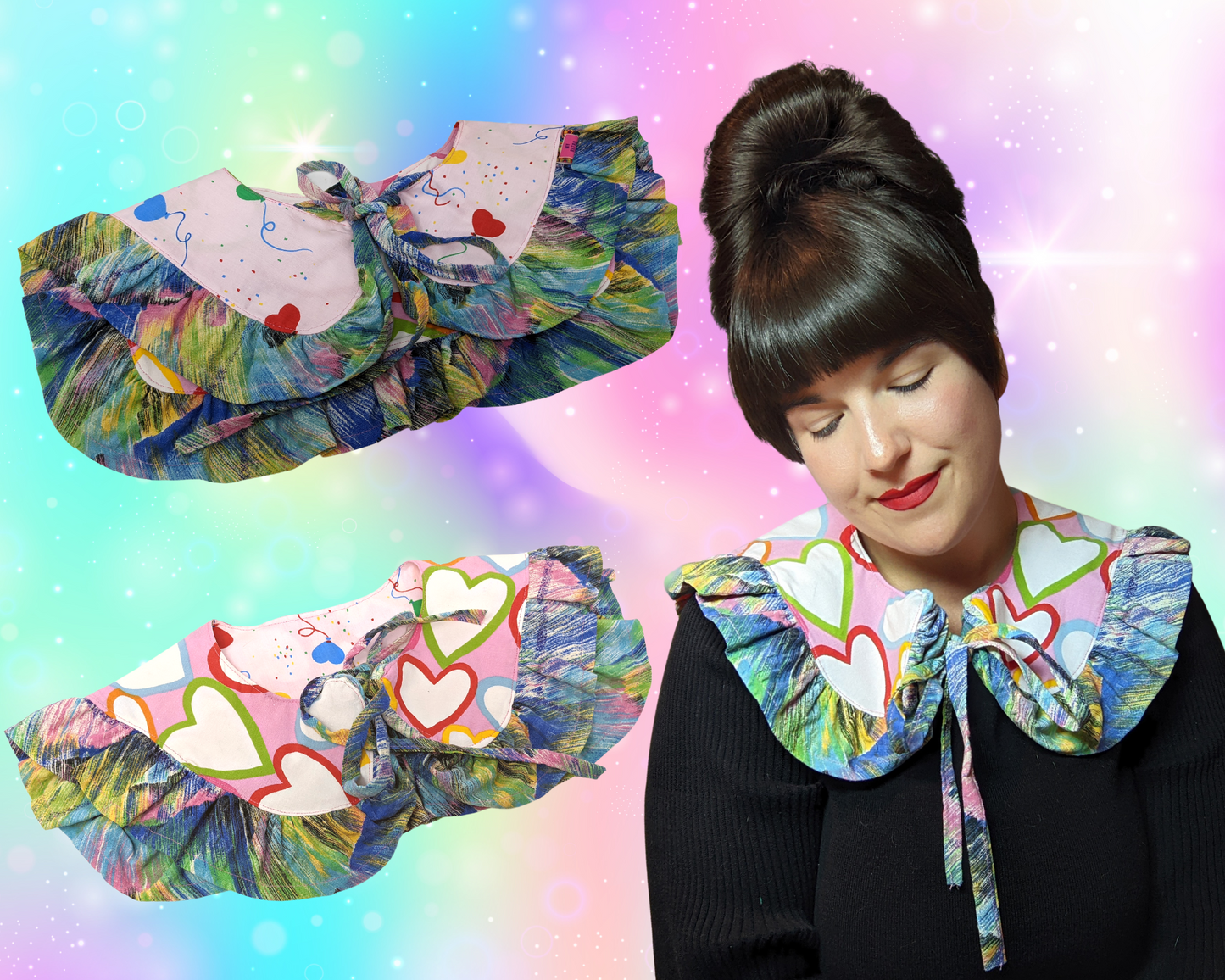 Handmade, Upcycled, Reversible Sailor Collar with Frill Made With Two Vintage Heart Shapes Fabrics