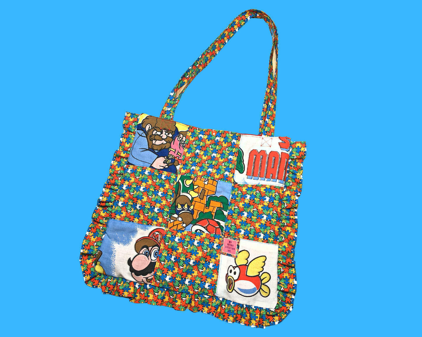 Drap de lit Nintendo Super Mario et Zelda recyclé fait à la main + Puzzle Sac fourre-tout en tissu vintage