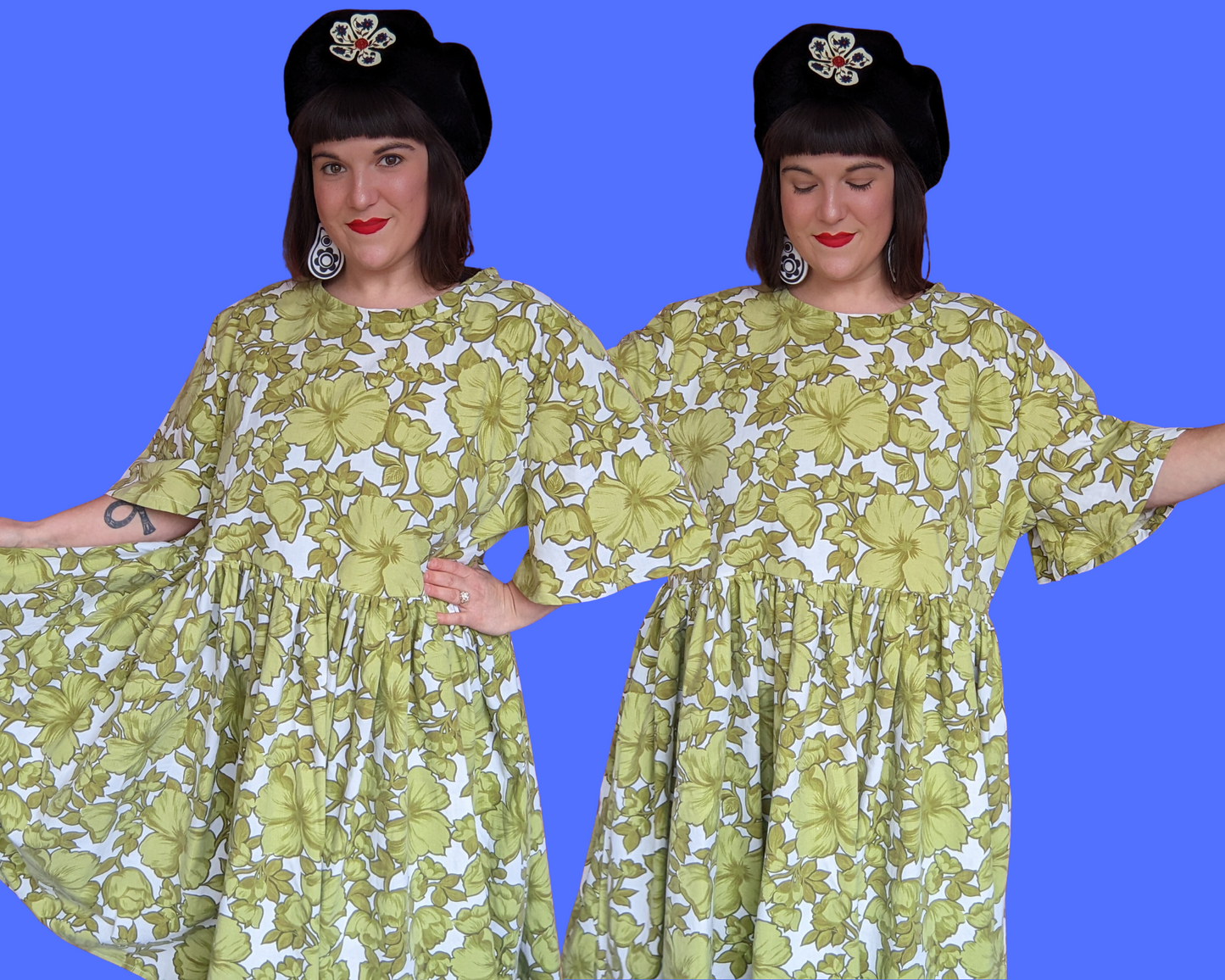 Handmade, Upcycled Vintage 1960's Green Floral Bedsheet Dress Size 3XL