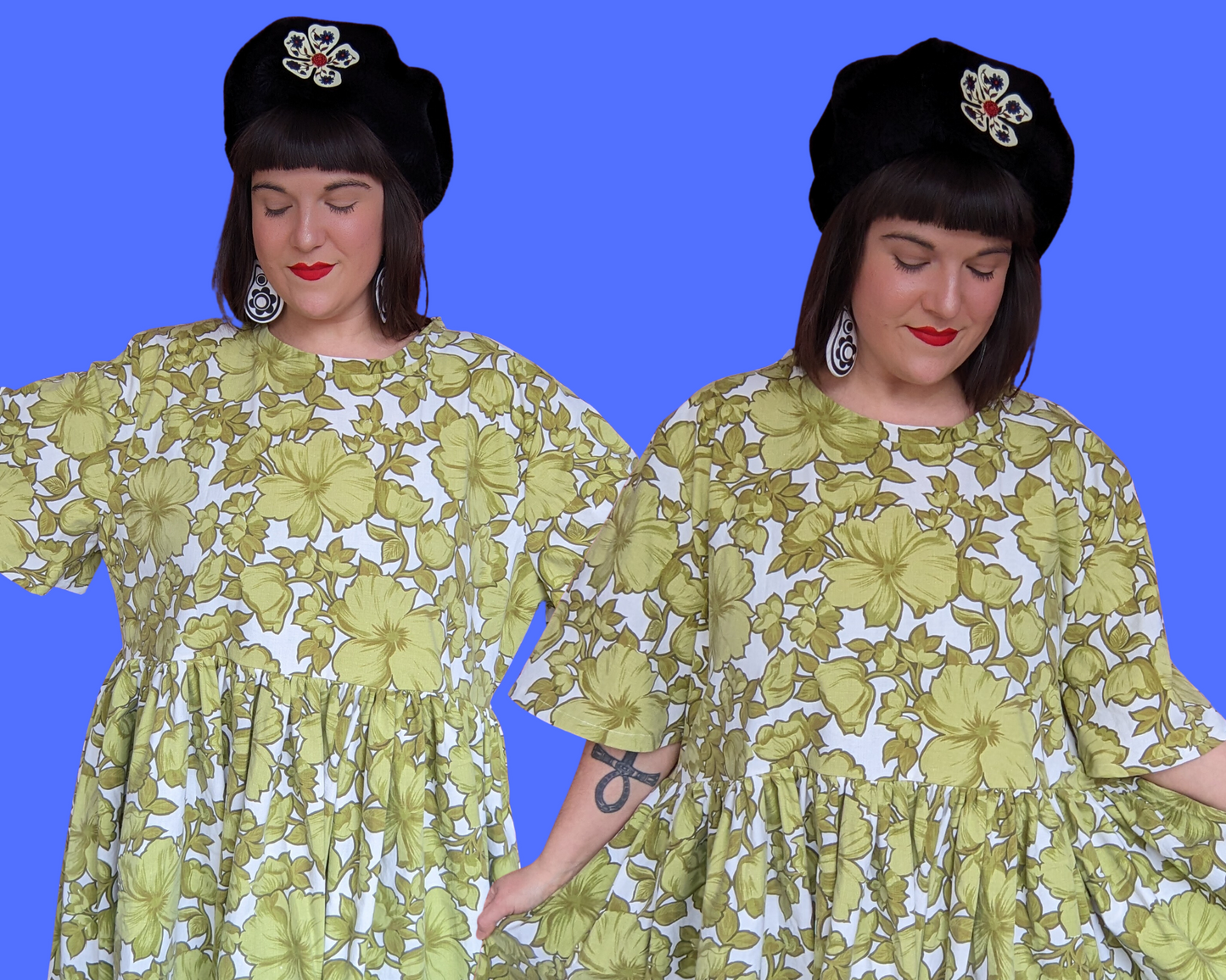 Handmade, Upcycled Vintage 1960's Green Floral Bedsheet Dress Size 3XL