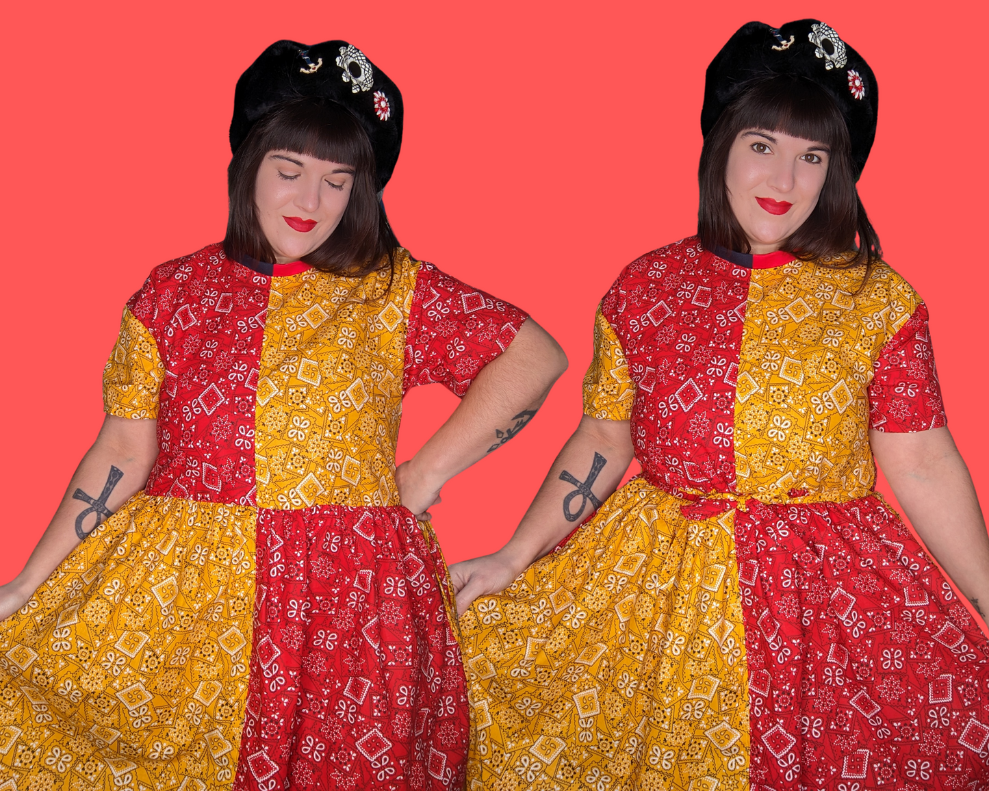 Fait à la main, Upcycled Mix-Matched Paisley jaune et rouge, robe t-shirt en tissu de style bandana Convient SML-XL