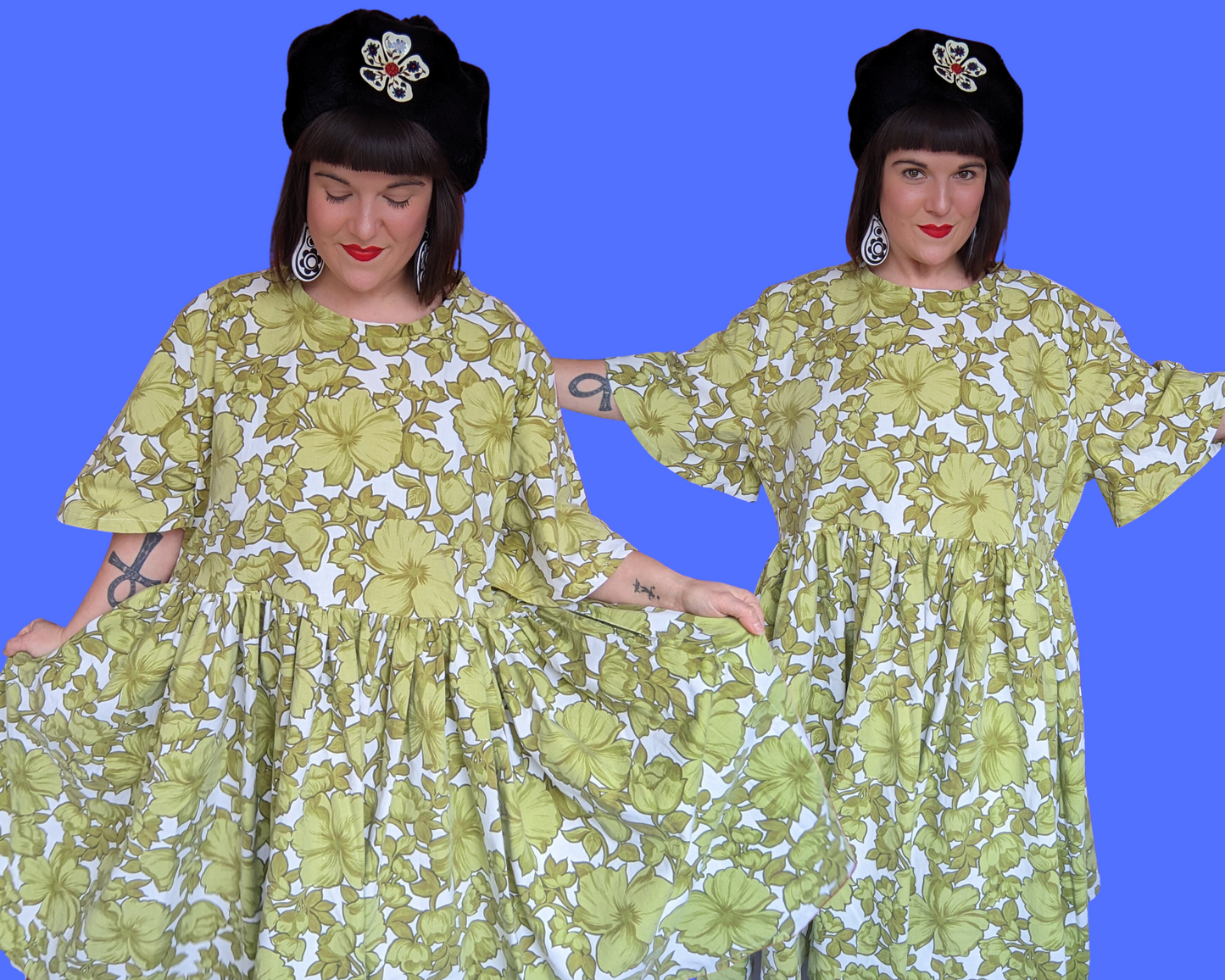 Handmade, Upcycled Vintage 1960's Green Floral Bedsheet Dress Size 3XL