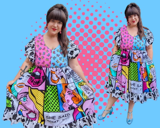 Handmade, Upcycled Vintage Pop Art Fabric and Pink/Blue Butterflies Dress, Cow Print Puffy Sleeves and Ruffled Trim Size L/XL