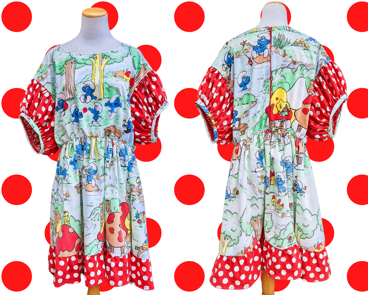 Fait à la main, robe de drap de lit Schtroumpfs recyclée avec tissu à pois rouge et blanc, manches courtes bouffantes taille 2XL
