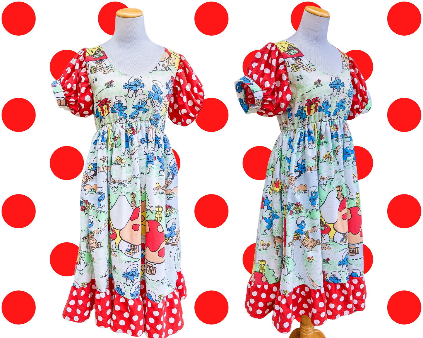Fait à la main, robe de drap de lit Schtroumpfs recyclée avec tissu à pois rouge et blanc, manches courtes bouffantes taille S/M