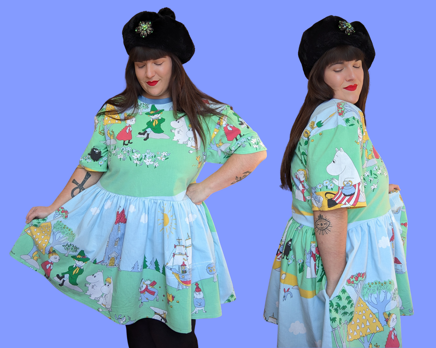 Fait à la main, Upcycled The Moomins Bedsheet T-Shirt Dress Fits SML-XL