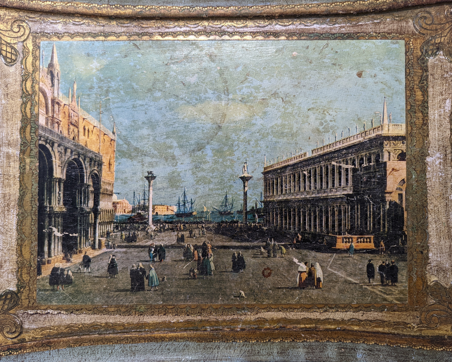 Ancien Fin XVIIIe Siècle Vue De La Place Saint-Marc En Bois, Plateau Florentin Décoratif De Rome Italie