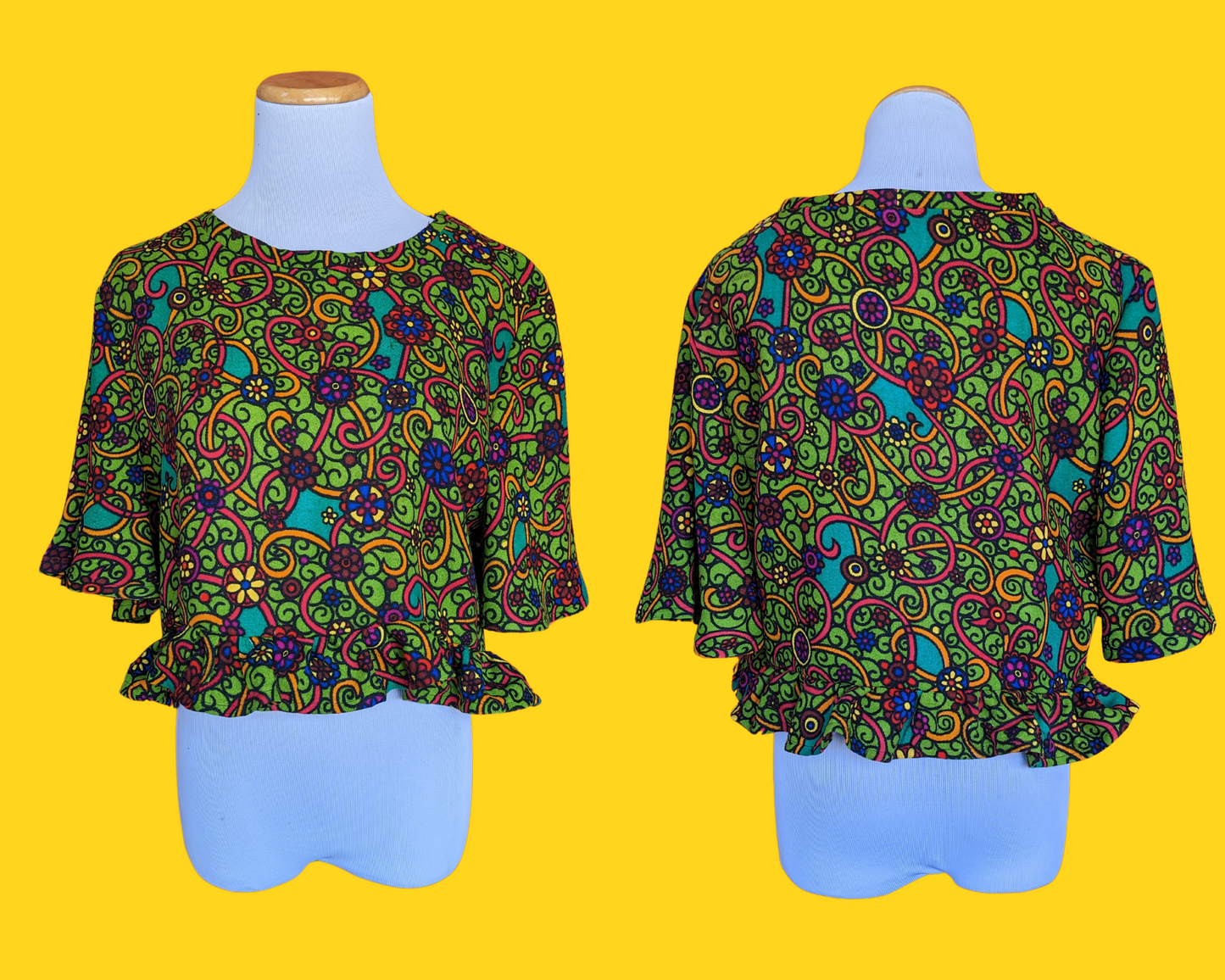 Handmade, Upcycled Vintage 1960's Green Mod, Groovy Blouse Size M