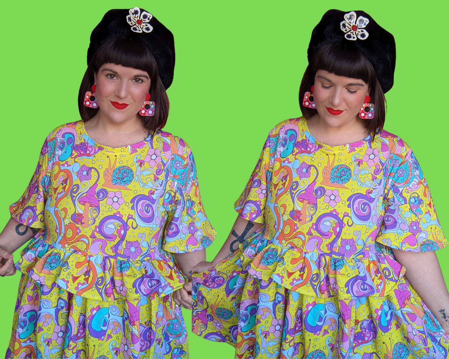 Handmade, Upcycled Vintage Inspired Psychedelic, Mushrooms and Snails Print Dress Size XL