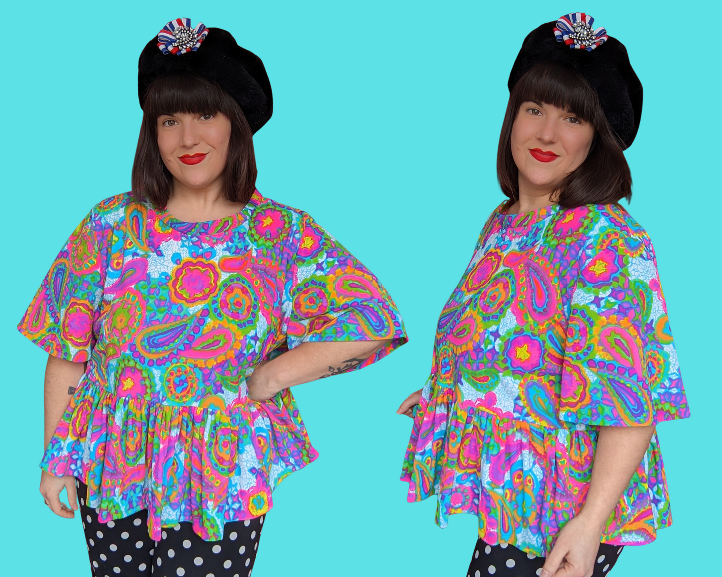 Handmade, Upcycled Vintage 1960's Inspired Rainbow, Psychedelic Polyester Blouse Size 2XL