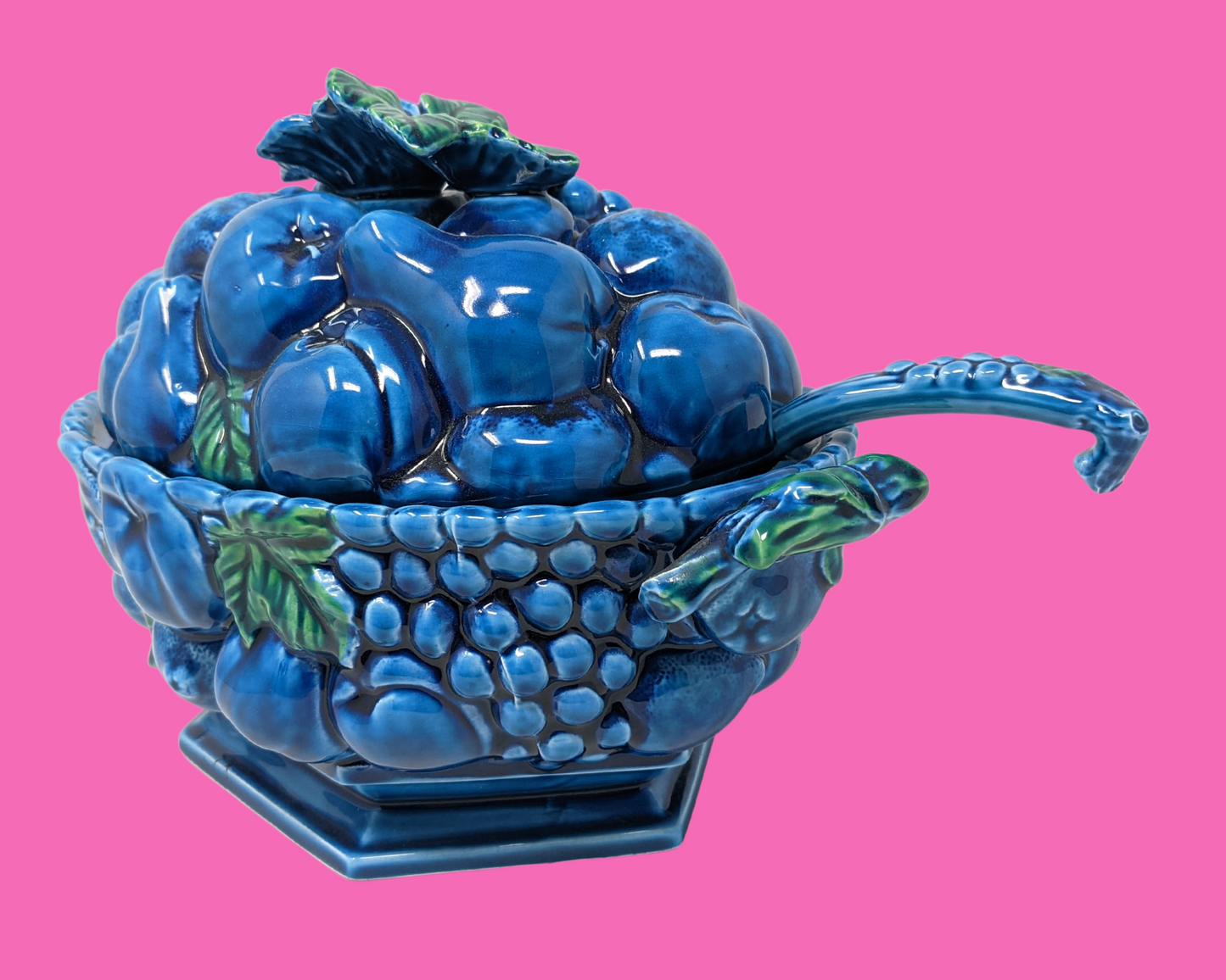 Vintage 1970's Inarco Japon Fruits, Bleu et Vert, Récipient à Soupe avec Couvercle et Louche