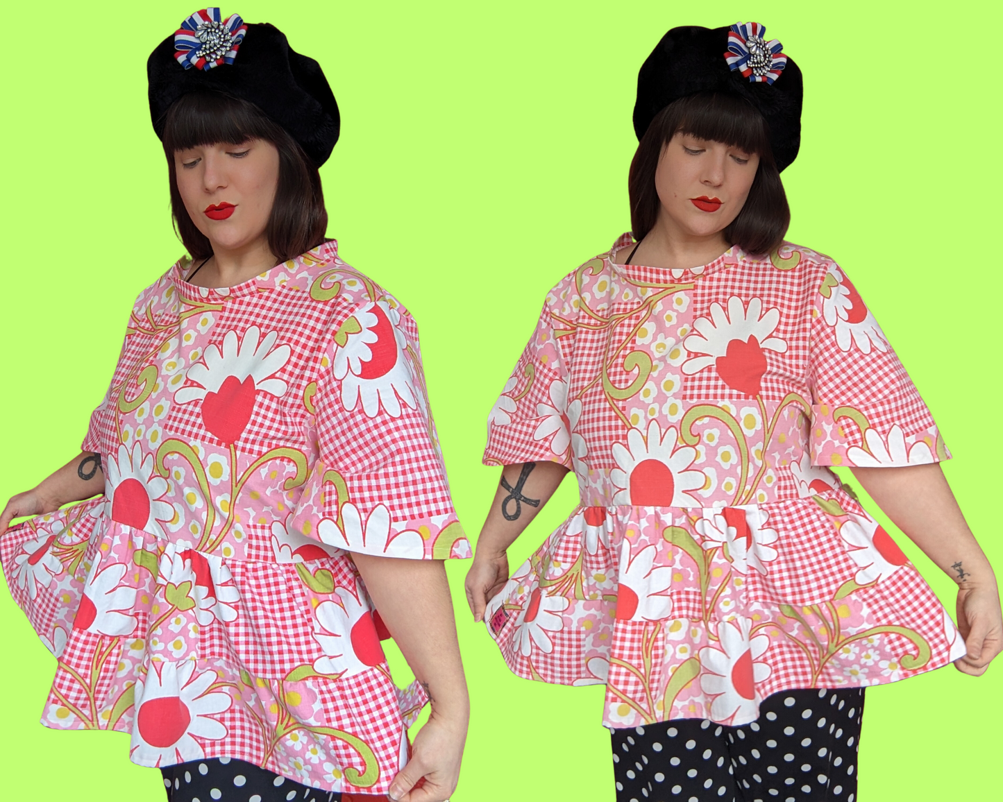 Handmade, Upcycled Vintage 1960's Daisies Pink Patterned Blouse with Matching Detachable Collar Size 2XL