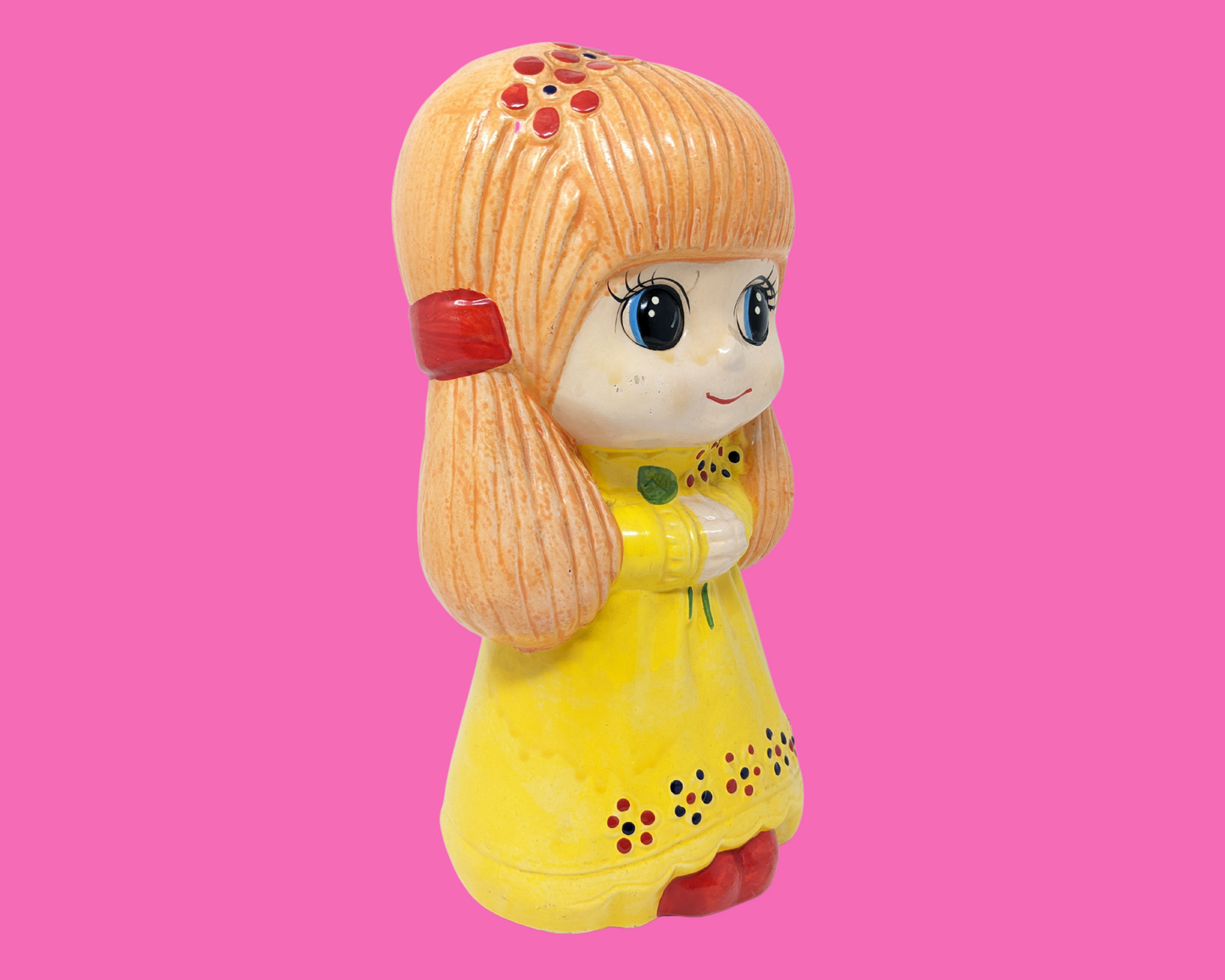 Vintage 1960's Big Eyed Little Girl with Pig Tails Ceramic Piggy Bank, Made in Japan