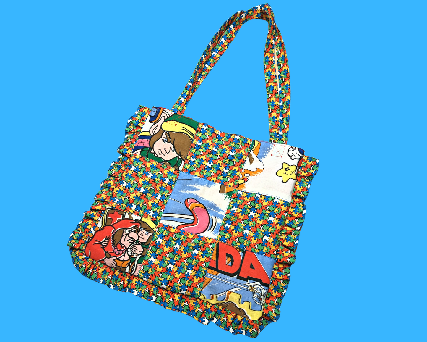 Drap de lit Nintendo Super Mario et Zelda recyclé fait à la main + Puzzle Sac fourre-tout en tissu vintage