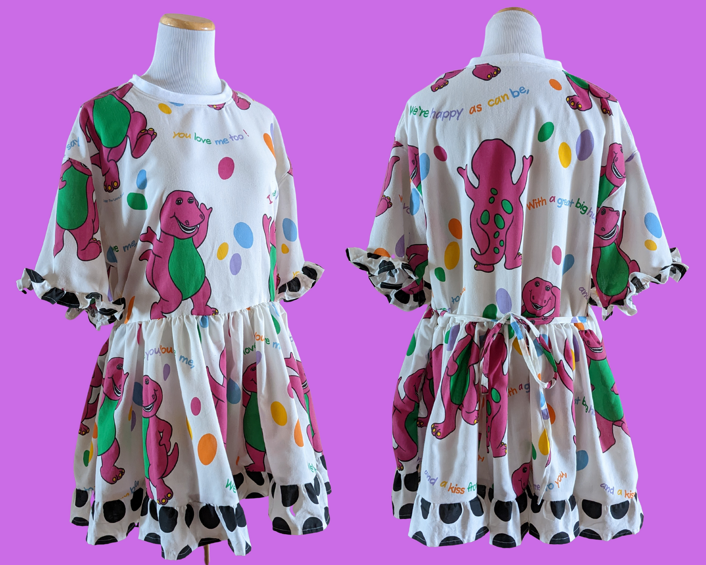 Robe t-shirt Barney and Friends faite à la main, recyclée vintage des années 1990 pour SML-XL