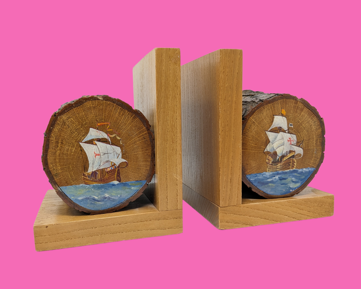 Antique 1940's Hand Painted Wood Logs Bookends